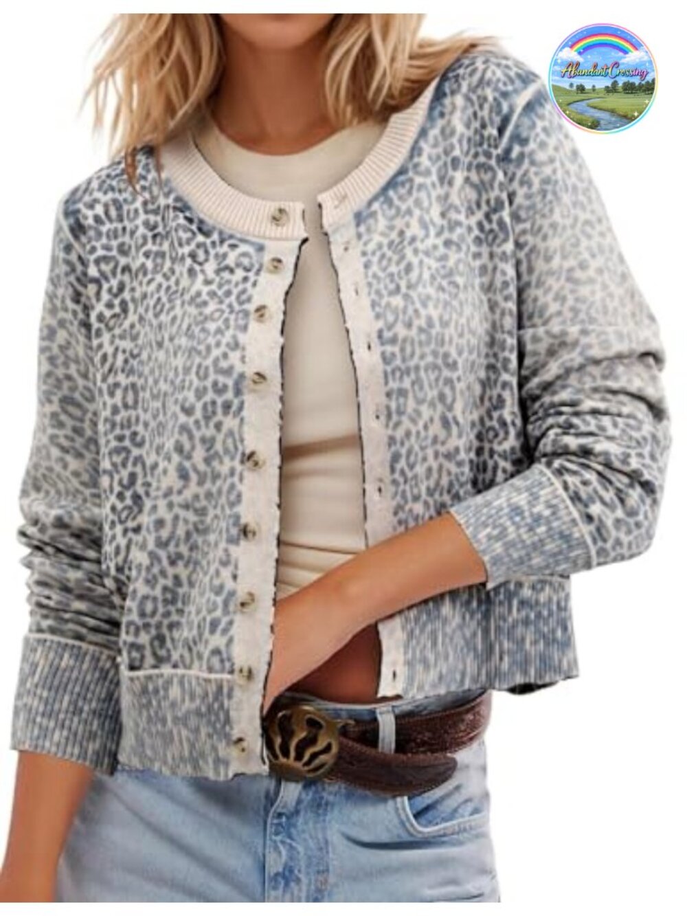Women's Leopard Cropped Cardigan Button Up Knit Sweater